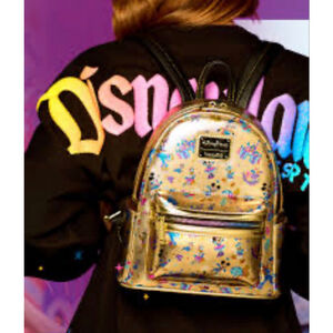 Loungefly Disneyland 70th Anniv. Gold Metallic Mickey & Friends Glam Sm Backpack